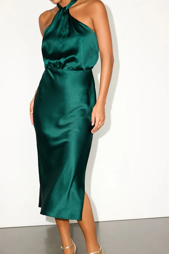 Jacey Emerald Satin Halter Midi Dress sold by Lulus product image thumbnail 2