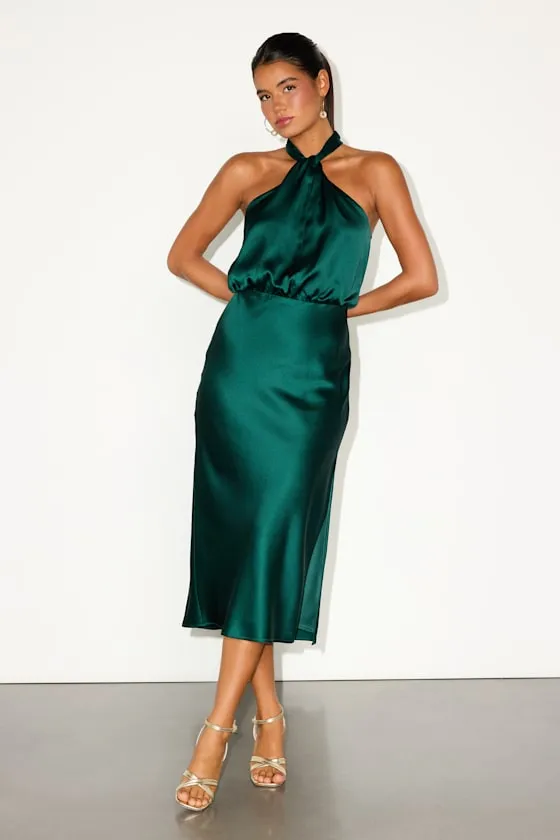 Jacey Emerald Satin Halter Midi Dress sold by Lulus product image thumbnail 4