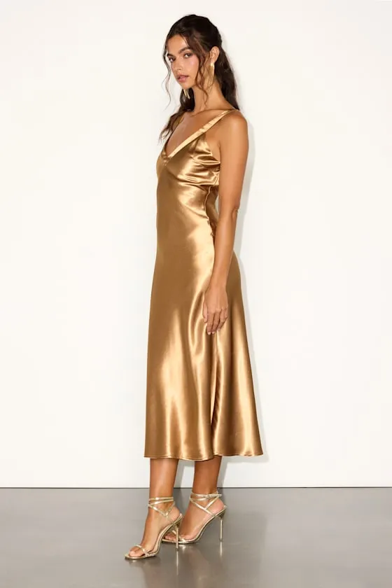 Perfectly Classy Gold Satin Strappy Midi Dress sold by Lulus product image thumbnail 4