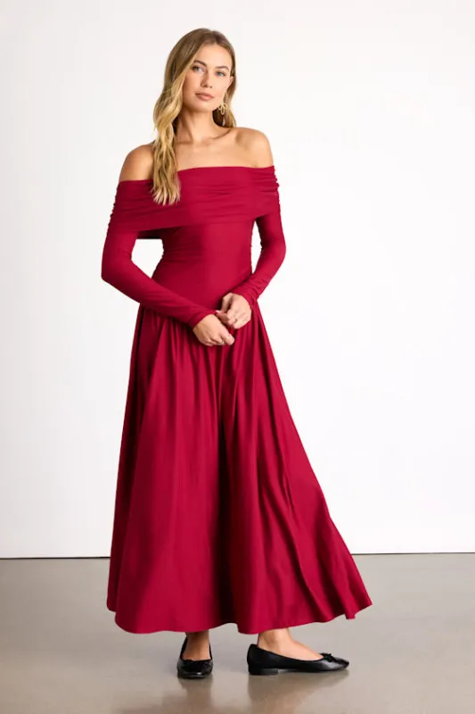 Sescca Wine Red Off-the-Shoulder Jersey Knit Maxi Dress sold by Lulus