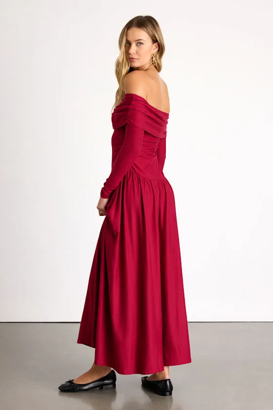 Sescca Wine Red Off-the-Shoulder Jersey Knit Maxi Dress sold by Lulus product image thumbnail 3