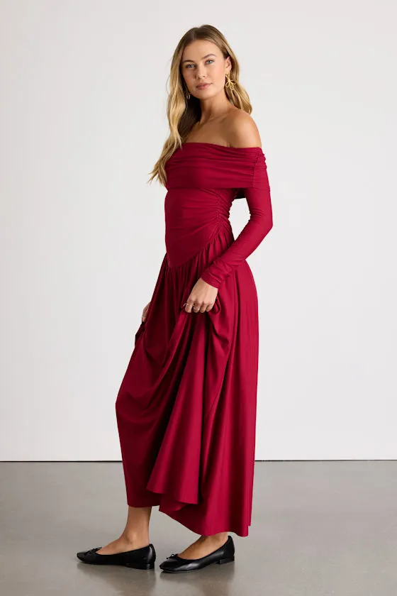 Sescca Wine Red Off-the-Shoulder Jersey Knit Maxi Dress sold by Lulus product image thumbnail 4