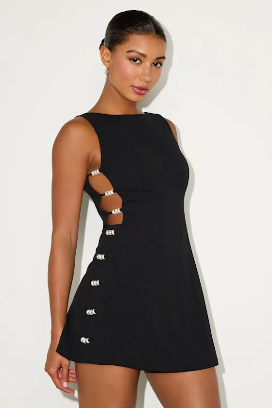 Viveca Black Embellished Cutout Sleeveless Mini Dress sold by Lulus