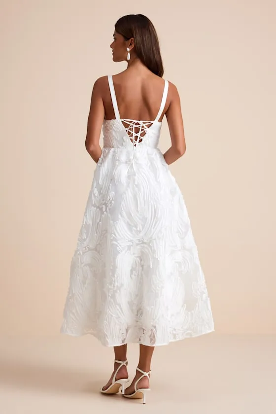 Perkins White Textured Lace-Up Corset Midi Dress sold by Lulus product image thumbnail 3