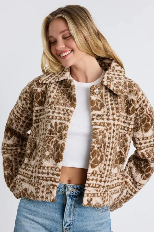 Bretton Light Brown Teddy Patchwork Print Shacket sold by Lulus