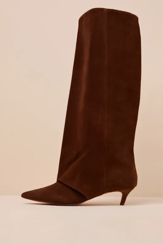 Luca Chestnut Suede Leather Slouchy Knee-High Kitten Heel Boots sold by Lulus
