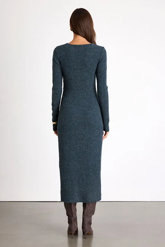 Rileynn Heathered Dark Teal Ribbed Sweater Midi Dress sold by Lulus product image thumbnail 3