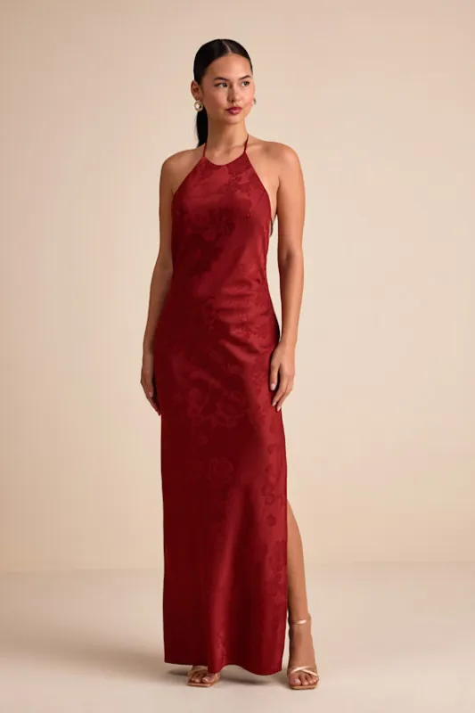Ayura Rust Red Satin Jacquard Tie-Back Halter Maxi Dress sold by Lulus