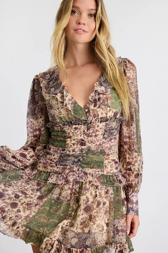 Ismini Beige Multi Patchwork Long Sleeve Mini Dress sold by Lulus product image thumbnail 2