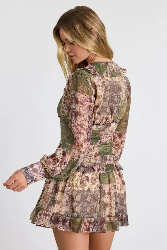 Ismini Beige Multi Patchwork Long Sleeve Mini Dress sold by Lulus product image thumbnail 3