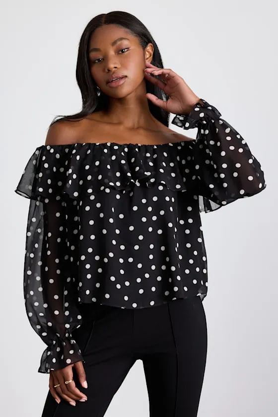 Albright Black Polka Dot Off-the-Shoulder Long Sleeve Top sold by Lulus