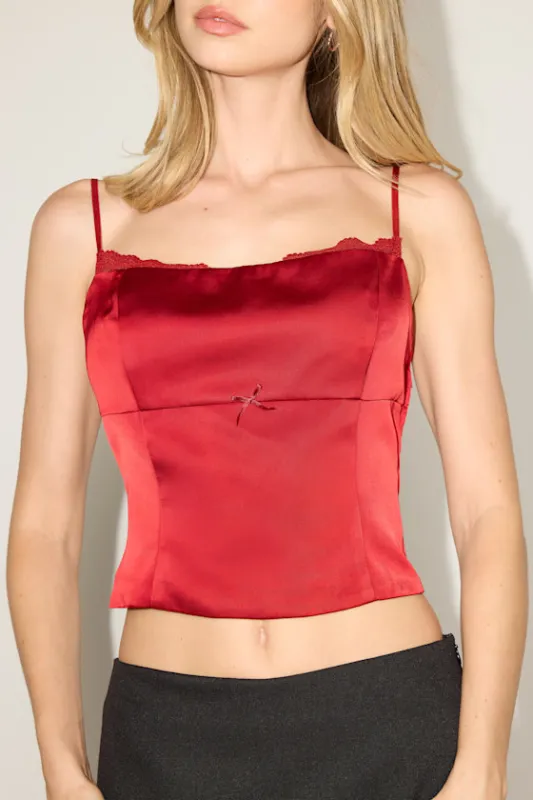 Brooksie Red Satin Lace Bow Tank Top sold by Lulus