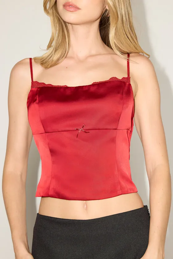 Brooksie Red Satin Lace Bow Tank Top sold by Lulus