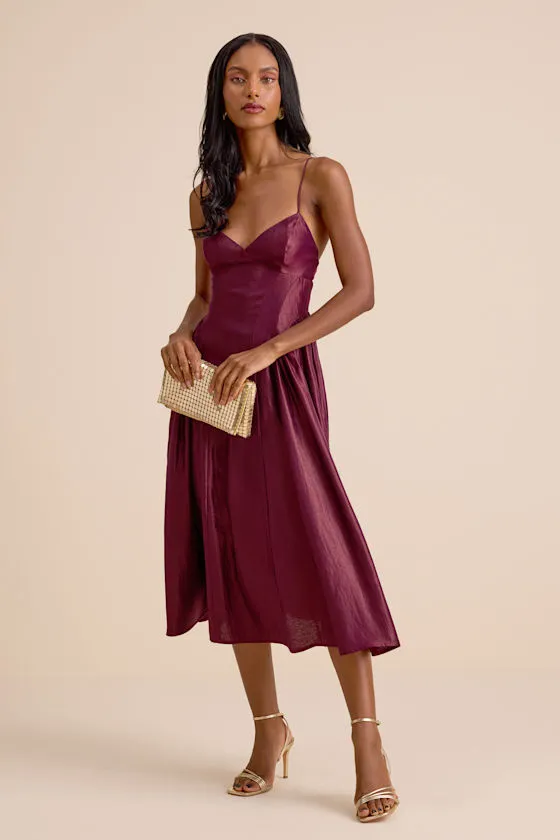 Paride Shiny Plum Gathered Lace-Up Midi Dress sold by Lulus