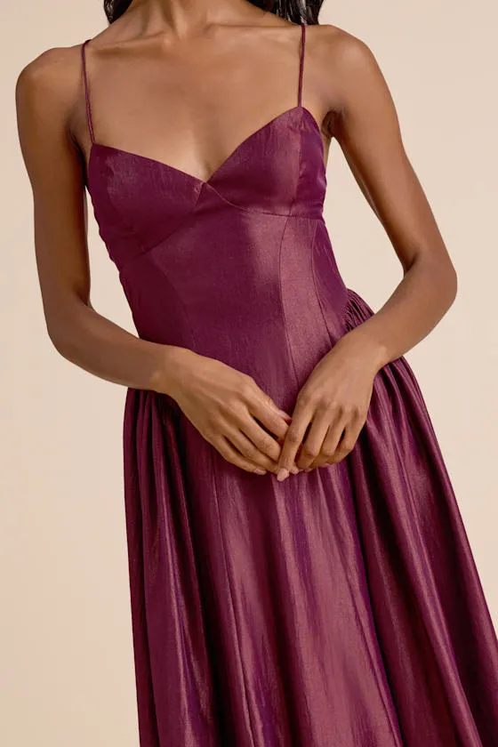 Paride Shiny Plum Gathered Lace-Up Midi Dress sold by Lulus product image thumbnail 2