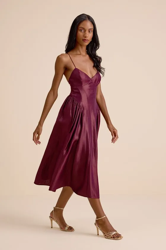 Paride Shiny Plum Gathered Lace-Up Midi Dress sold by Lulus product image thumbnail 3