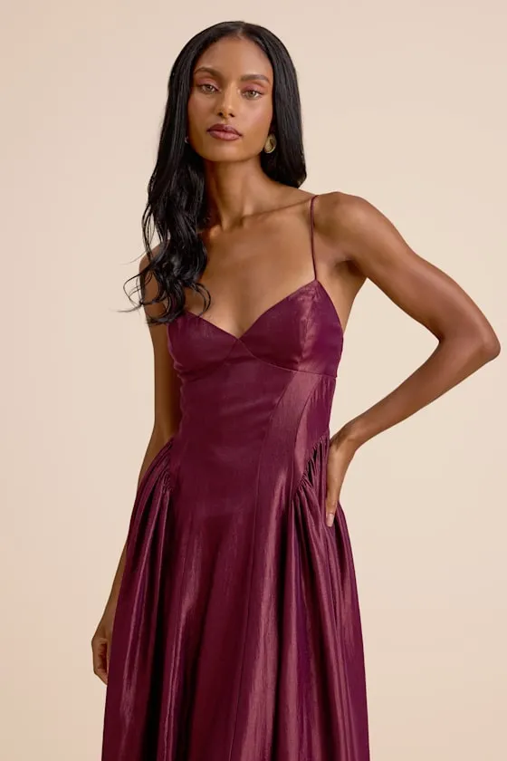 Paride Shiny Plum Gathered Lace-Up Midi Dress sold by Lulus product image thumbnail 4