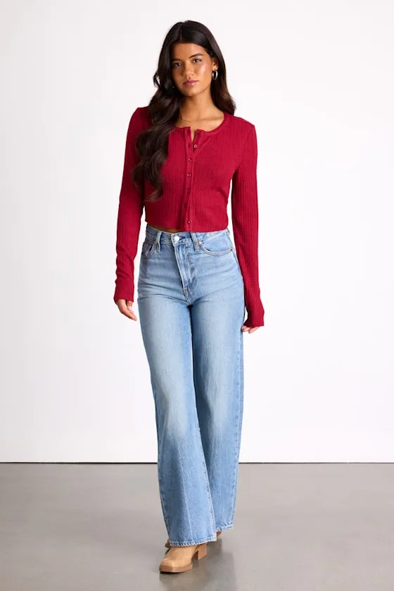 Lynnlee Red Pointelle Knit Button-Front Crop Top sold by Lulus product image thumbnail 4