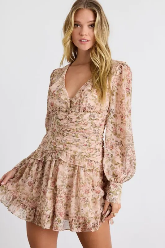 Ismini Blush Multi Floral Long Sleeve Mini Dress sold by Lulus