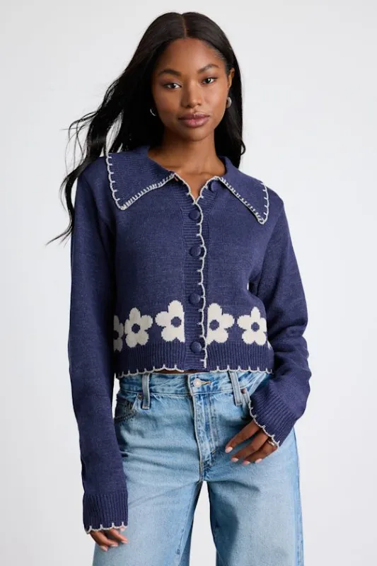 Jori Blue Floral Embroidered Button-Up Cardigan sold by Lulus