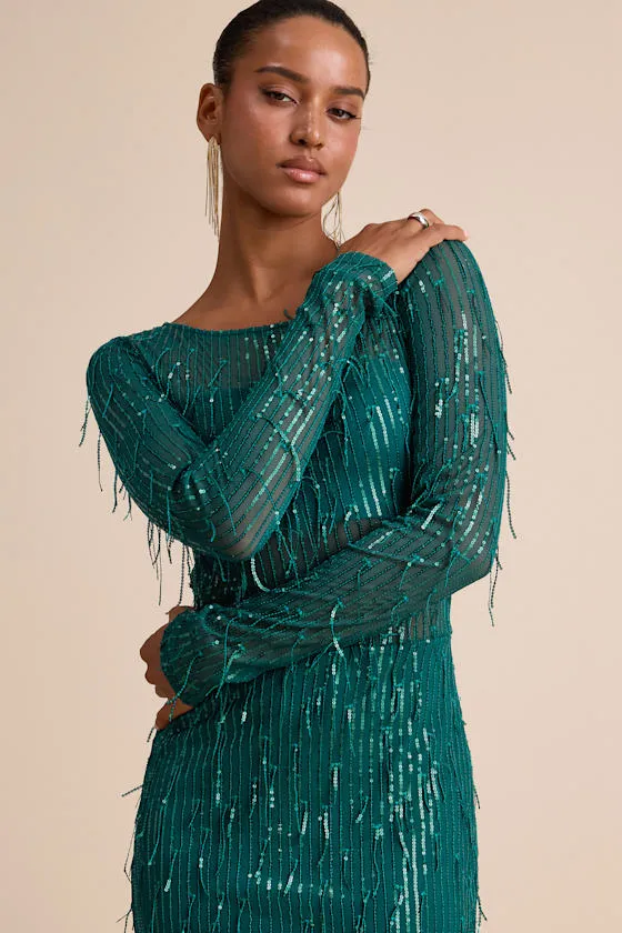 Sheer Fascination Emerald Sheer Mesh Sequin Fringe Maxi Dress sold by Lulus