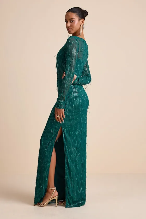 Sheer Fascination Emerald Sheer Mesh Sequin Fringe Maxi Dress sold by Lulus product image thumbnail 2