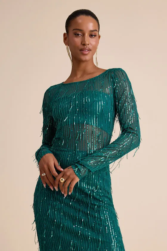 Sheer Fascination Emerald Sheer Mesh Sequin Fringe Maxi Dress sold by Lulus product image thumbnail 3