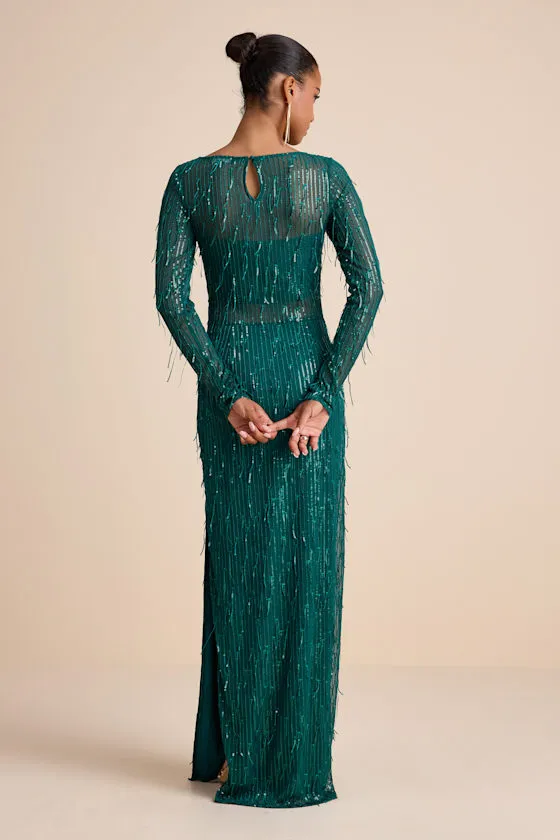 Sheer Fascination Emerald Sheer Mesh Sequin Fringe Maxi Dress sold by Lulus product image thumbnail 4