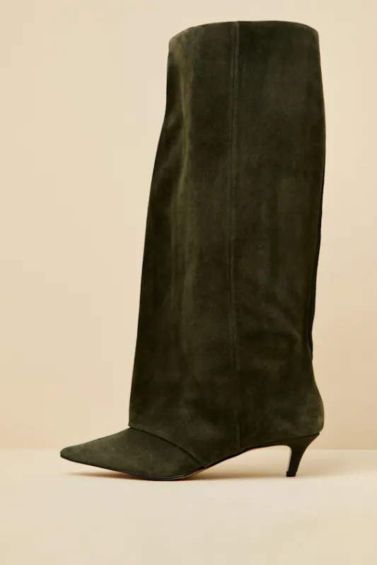 Luca Olive Suede Leather Slouchy Knee-High Kitten Heel Boots sold by Lulus