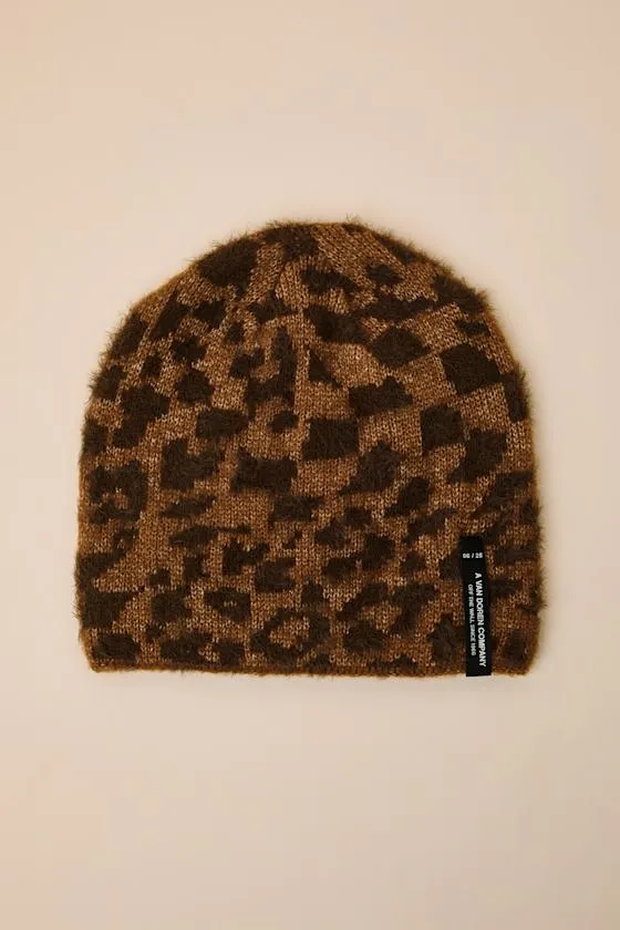 Plaimor Light Brown Leopard Fuzzy Knit Beanie sold by Lulus