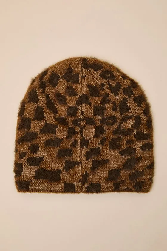 Plaimor Light Brown Leopard Fuzzy Knit Beanie sold by Lulus product image thumbnail 3
