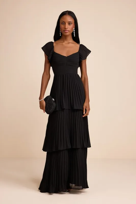 Notorious Charm Black Pleated Flutter Sleeve Maxi Dress sold by Lulus