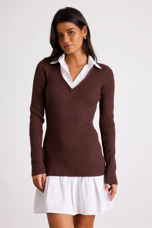 Helenia Brown and White Mixed-Media Long Sleeve Mini Dress sold by Lulus