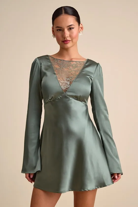Emberlyn Sage Green Satin Lace Long Sleeve Mini Dress sold by Lulus