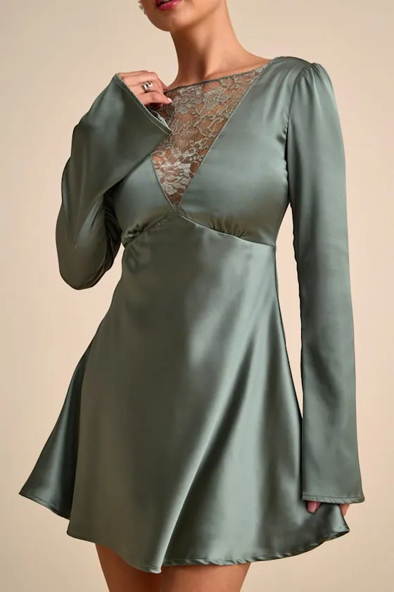 Emberlyn Sage Green Satin Lace Long Sleeve Mini Dress sold by Lulus product image thumbnail 2