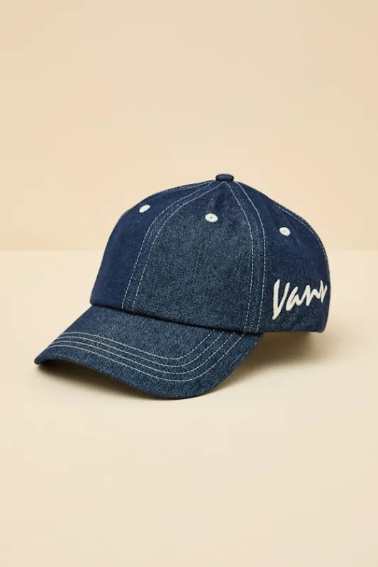 Classic Script Dark Wash Denim Embroidered Jockey Hat sold by Lulus