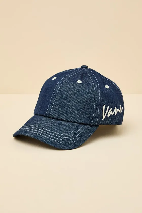 Classic Script Dark Wash Denim Embroidered Jockey Hat sold by Lulus