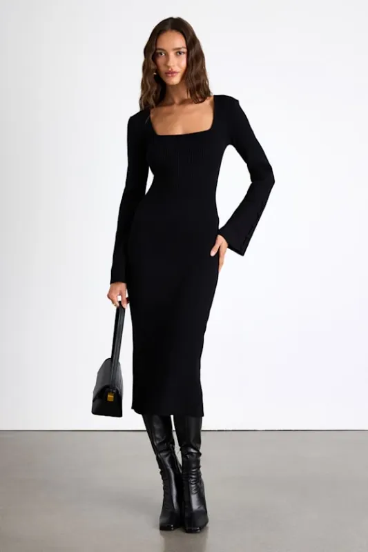 Classy Attitude Black Ribbed Square Neck Midi Sweater Dress sold by Lulus