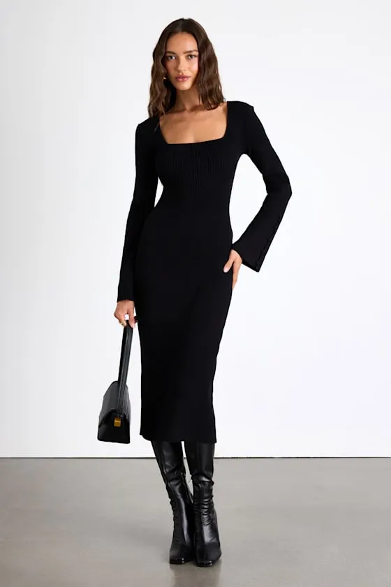 Classy Attitude Black Ribbed Square Neck Midi Sweater Dress sold by Lulus