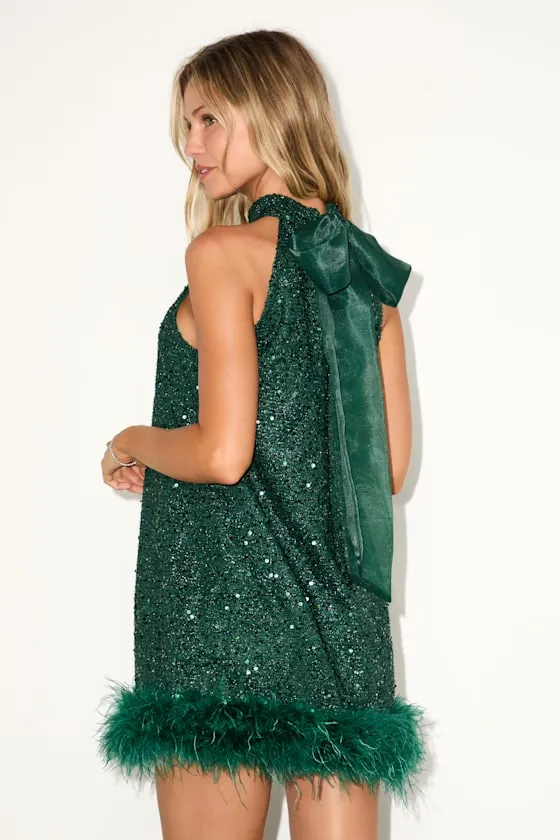 Magnetic Darling Shiny Emerald Sequin Feather Shift Mini Dress sold by Lulus product image thumbnail 3