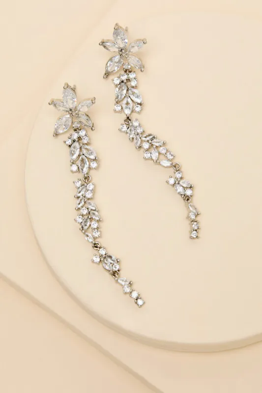 Kabira Silver Rhinestone Flower Drop Earrings sold by Lulus