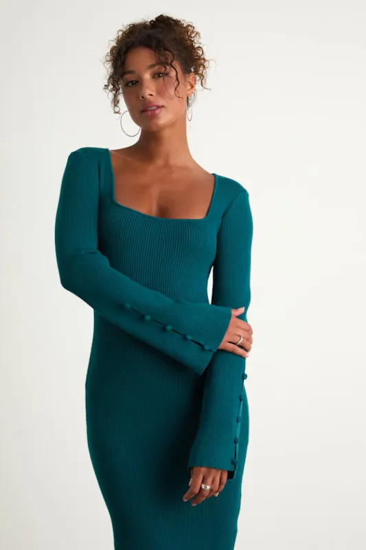 Classy Attitude Emerald Ribbed Square Neck Midi Sweater Dress sold by Lulus