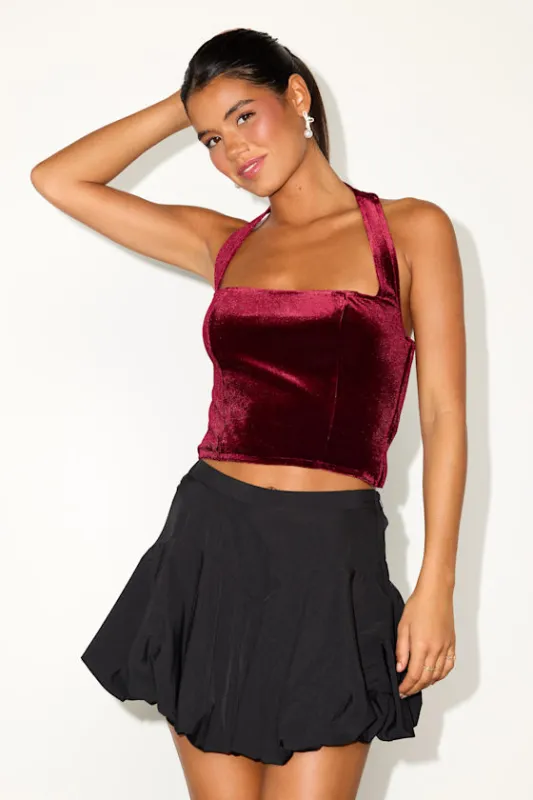 Alixia Wine Red Velvet Halter Crop Top sold by Lulus