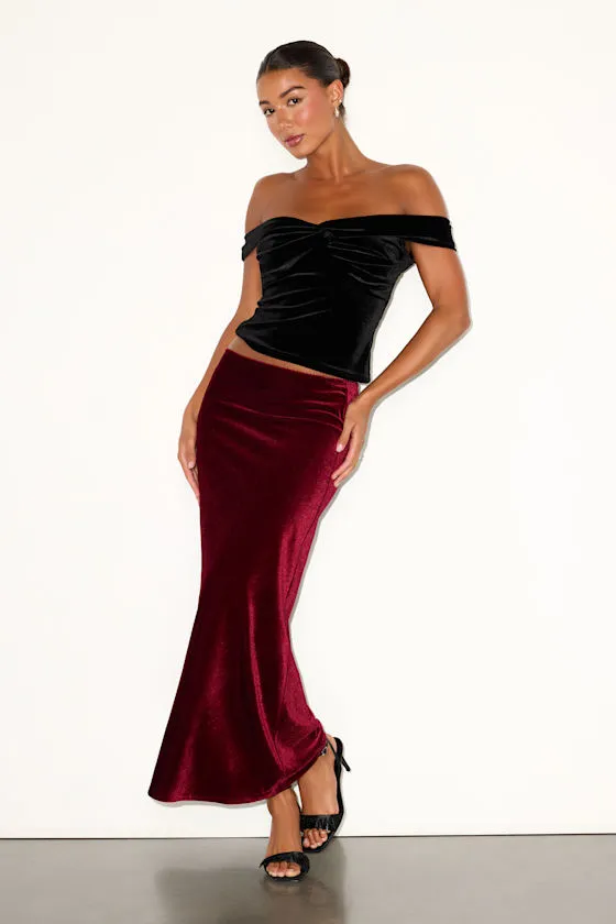 Aviona Burgundy Velvet Mid-Rise Maxi Skirt sold by Lulus