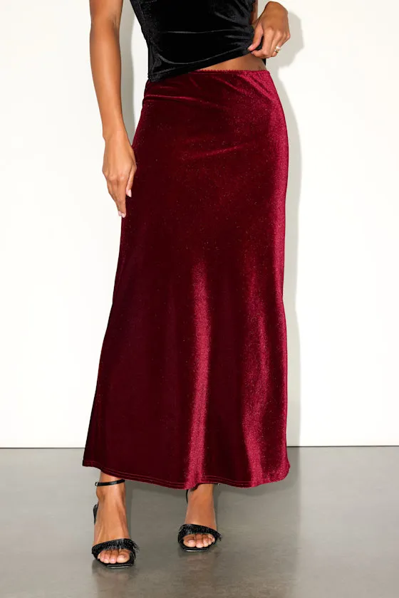 Aviona Burgundy Velvet Mid-Rise Maxi Skirt sold by Lulus product image thumbnail 2