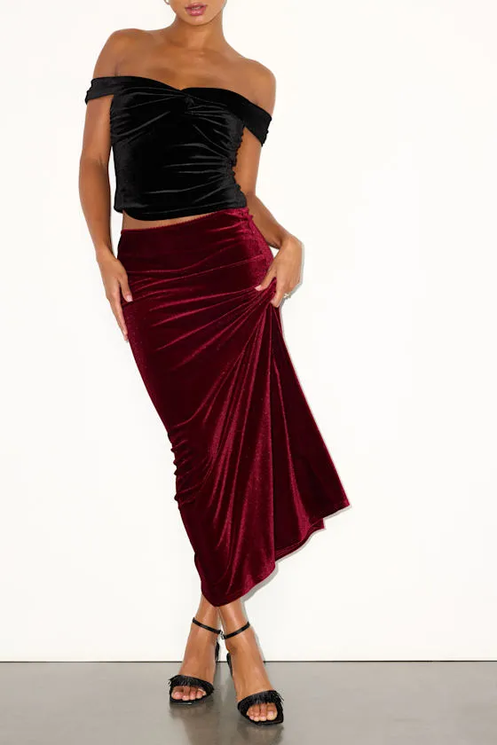 Aviona Burgundy Velvet Mid-Rise Maxi Skirt sold by Lulus product image thumbnail 4