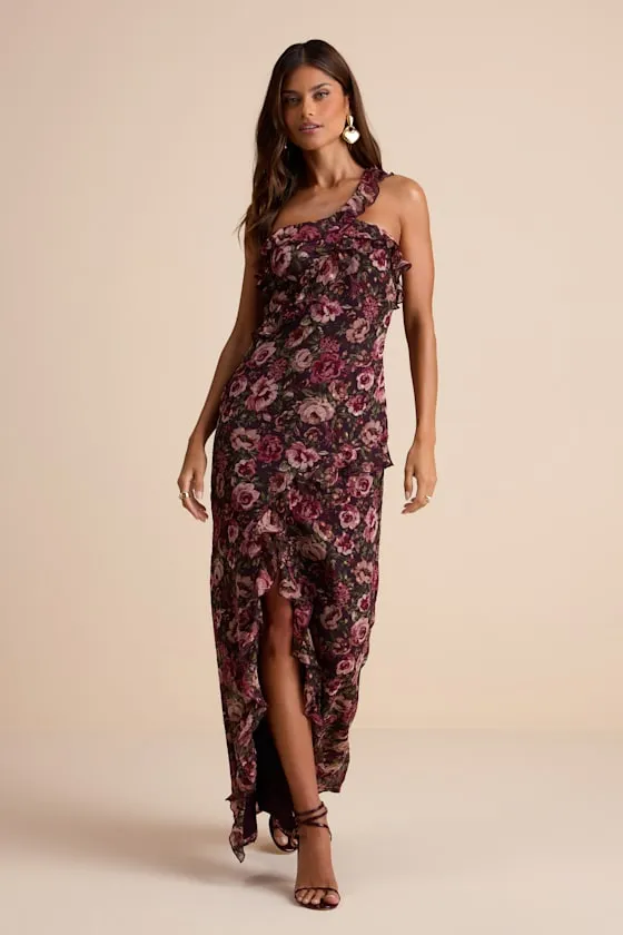 Bonelle Plum Multi Floral Metallic Clip Dot Ruffled Maxi Dress sold by Lulus