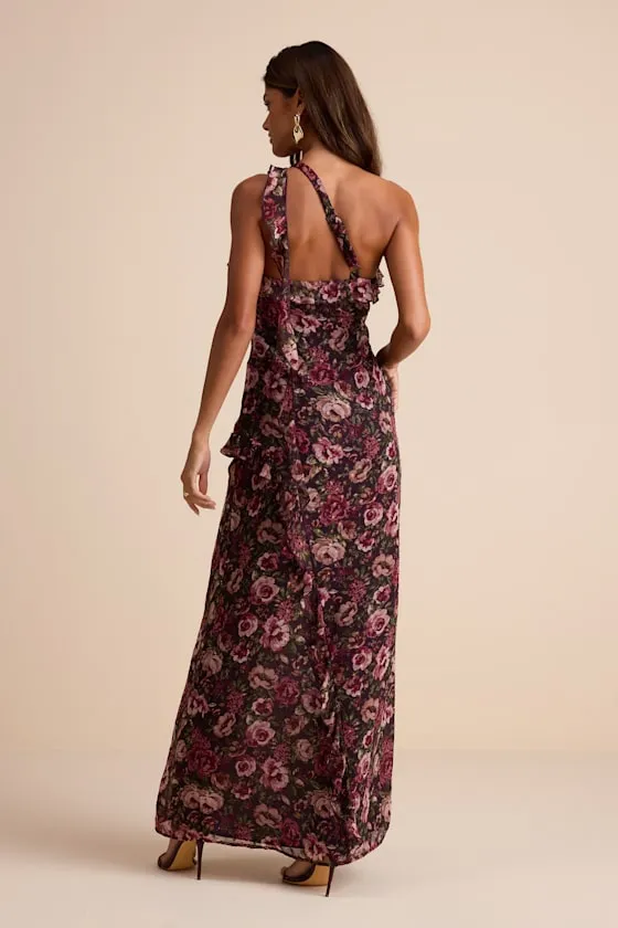 Bonelle Plum Multi Floral Metallic Clip Dot Ruffled Maxi Dress sold by Lulus product image thumbnail 3