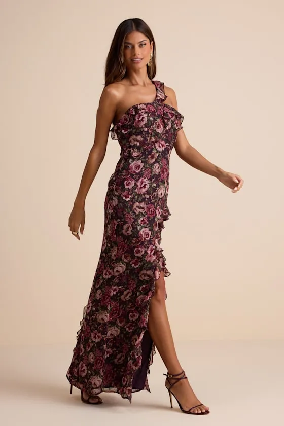 Bonelle Plum Multi Floral Metallic Clip Dot Ruffled Maxi Dress sold by Lulus product image thumbnail 4