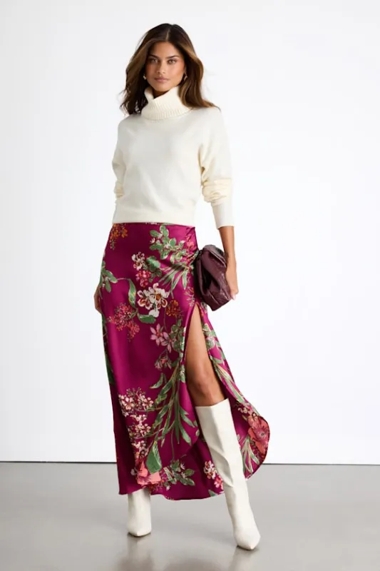 Superbly Stunning Fuchsia Floral Print Satin Maxi Skirt made by Lulus